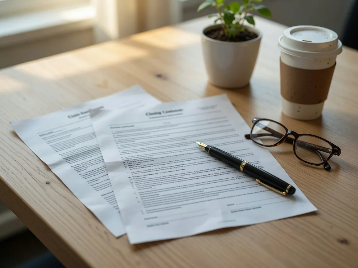Real estate closing documents on an oak desk with a fountain pen, reading glasses, and a cup of coffee in soft window light