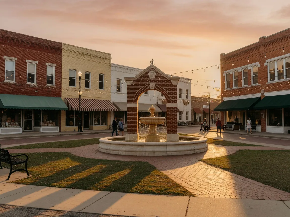 A historic Southern town square with a brick and limestone fountain at golden hour