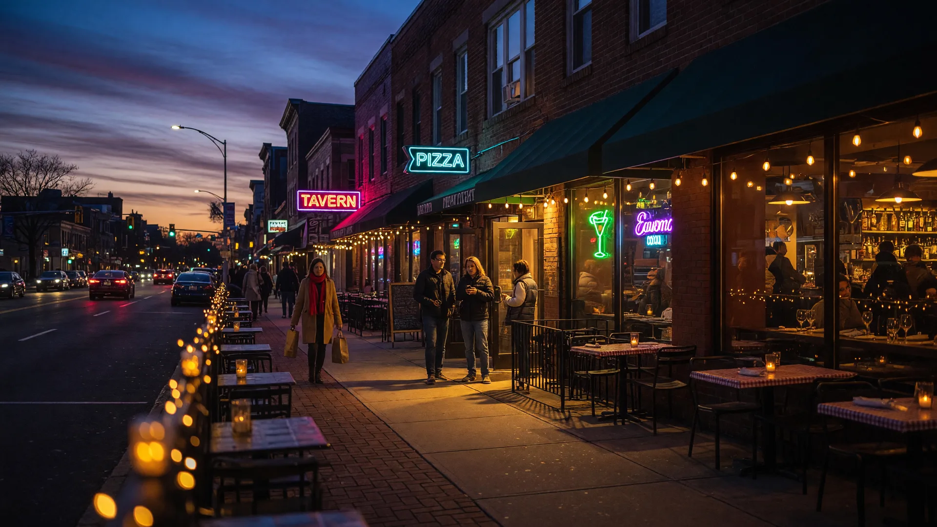 North Jersey city street at dusk with restaurant lights and neon signs along the sidewalk