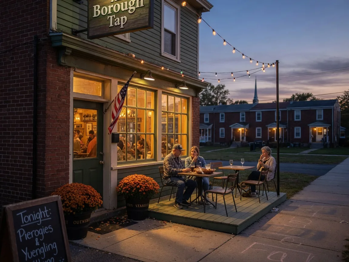 A cozy neighborhood pub with warm glowing windows and string lights on a small patio in a small Pennsylvania borough at dusk