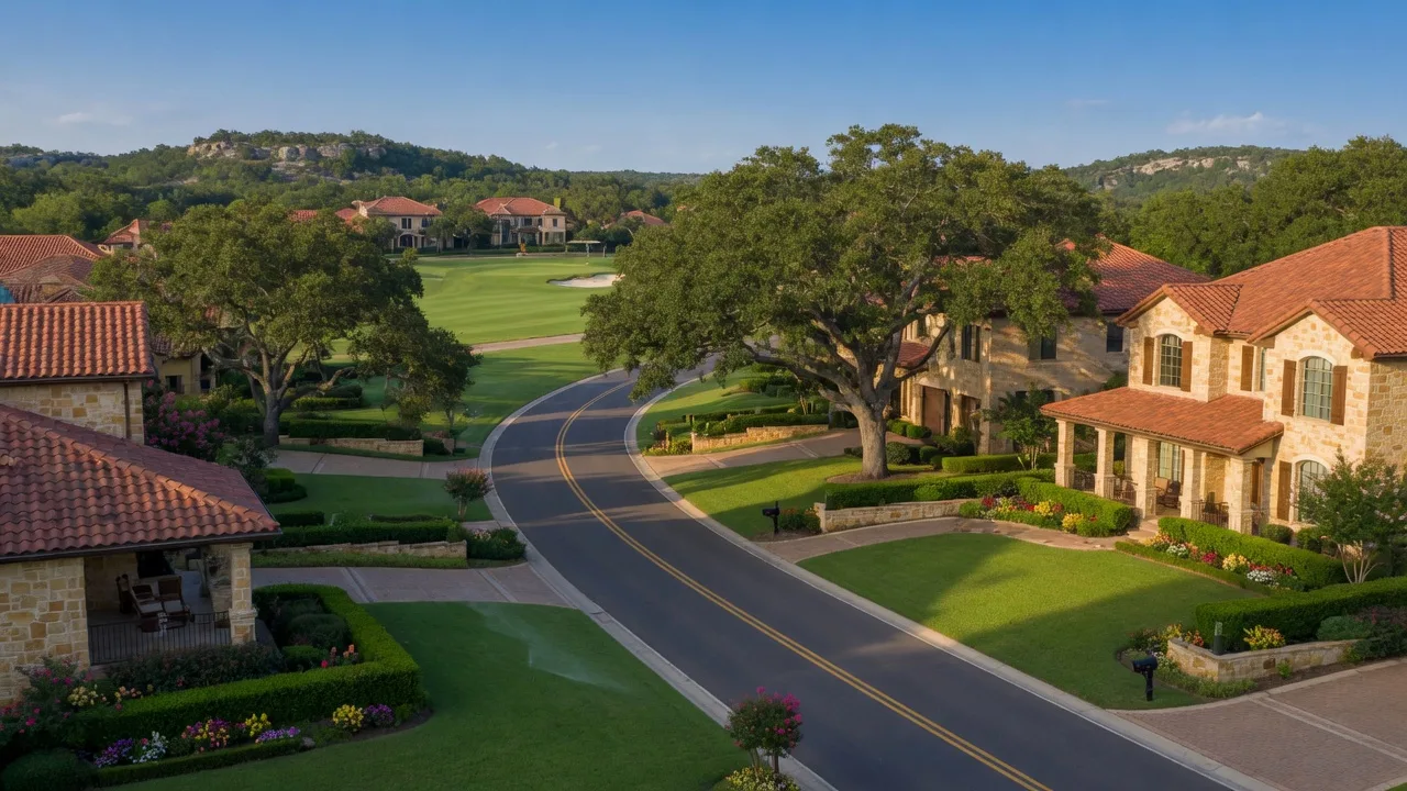 Fair Oaks Ranch neighborhood with elegant stone homes, manicured landscaping, and mature oak trees under golden light