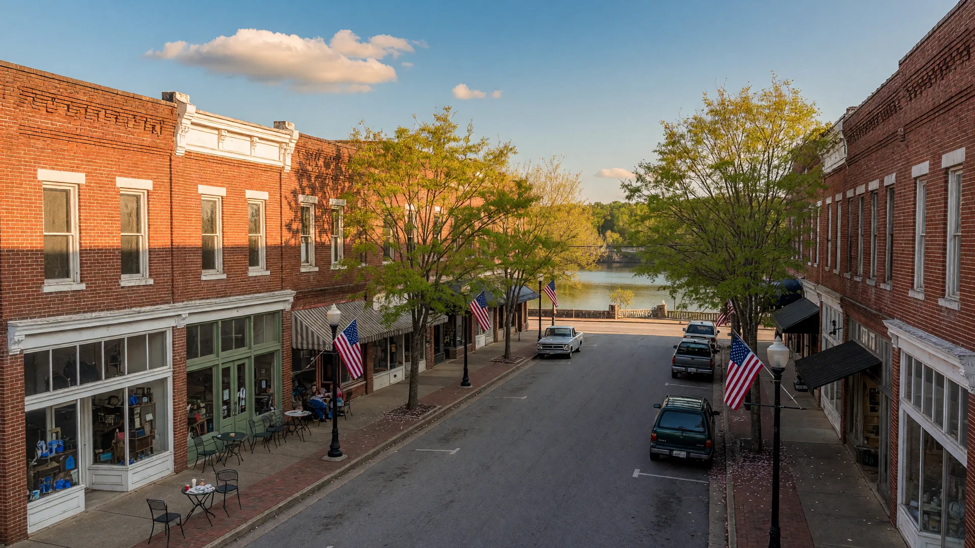 Historic downtown Canton, Georgia square with brick storefronts, local shops, and cafe seating on a warm spring afternoon