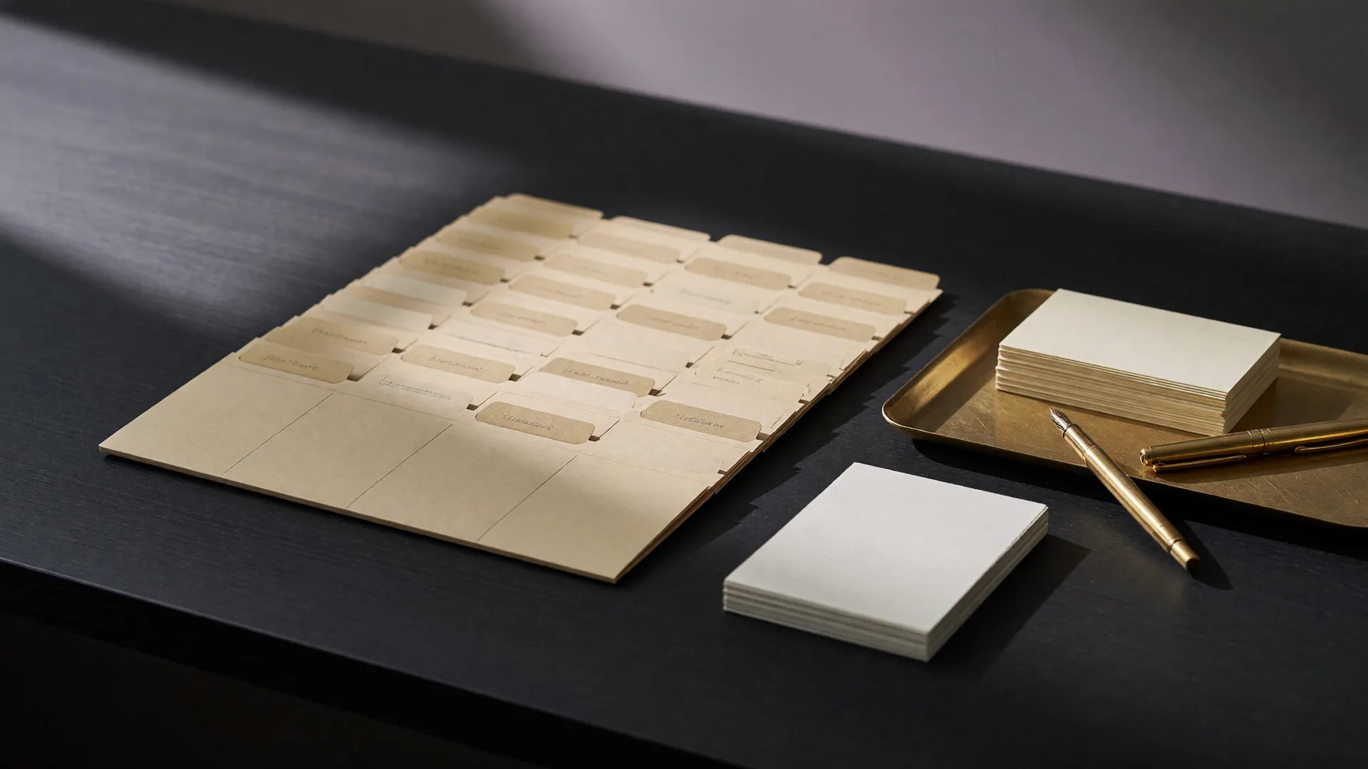 Organized file folders, index cards, and a gold pen on a charcoal desk, the quiet tools of a structured real estate business