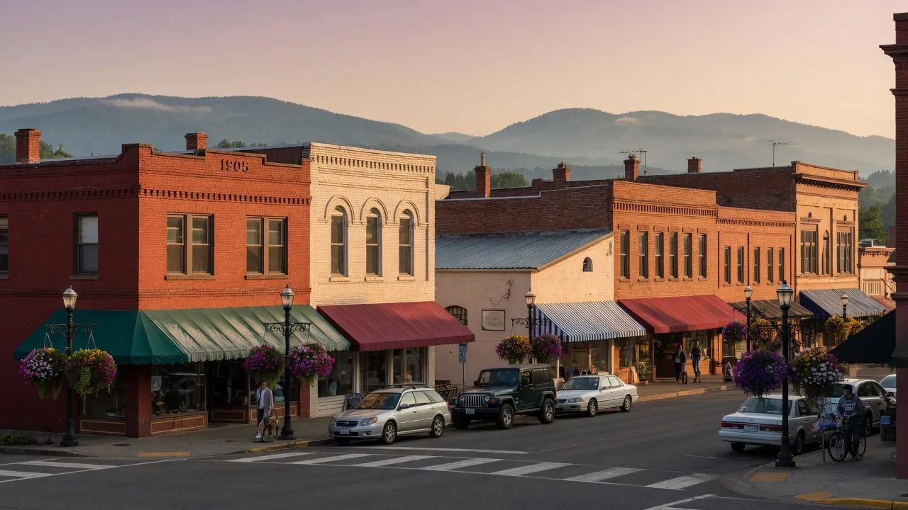 Downtown Forest Grove's Main Street and Pacific Avenue corner with brick storefronts and hanging flower baskets at golden hour, the Coast Range hazy behind the rooflines
