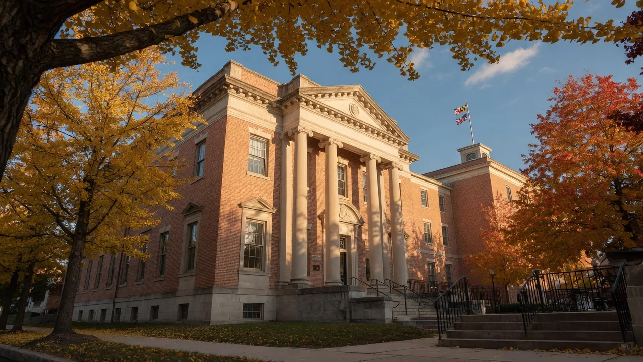 Howard County Circuit Court and government buildings in Ellicott City, Maryland on an autumn afternoon