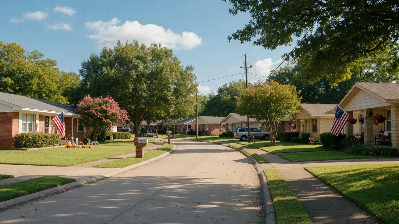 Quiet residential neighborhood street in Northeast Texas with well-kept homes, mature trees, and a welcoming community atmosphere