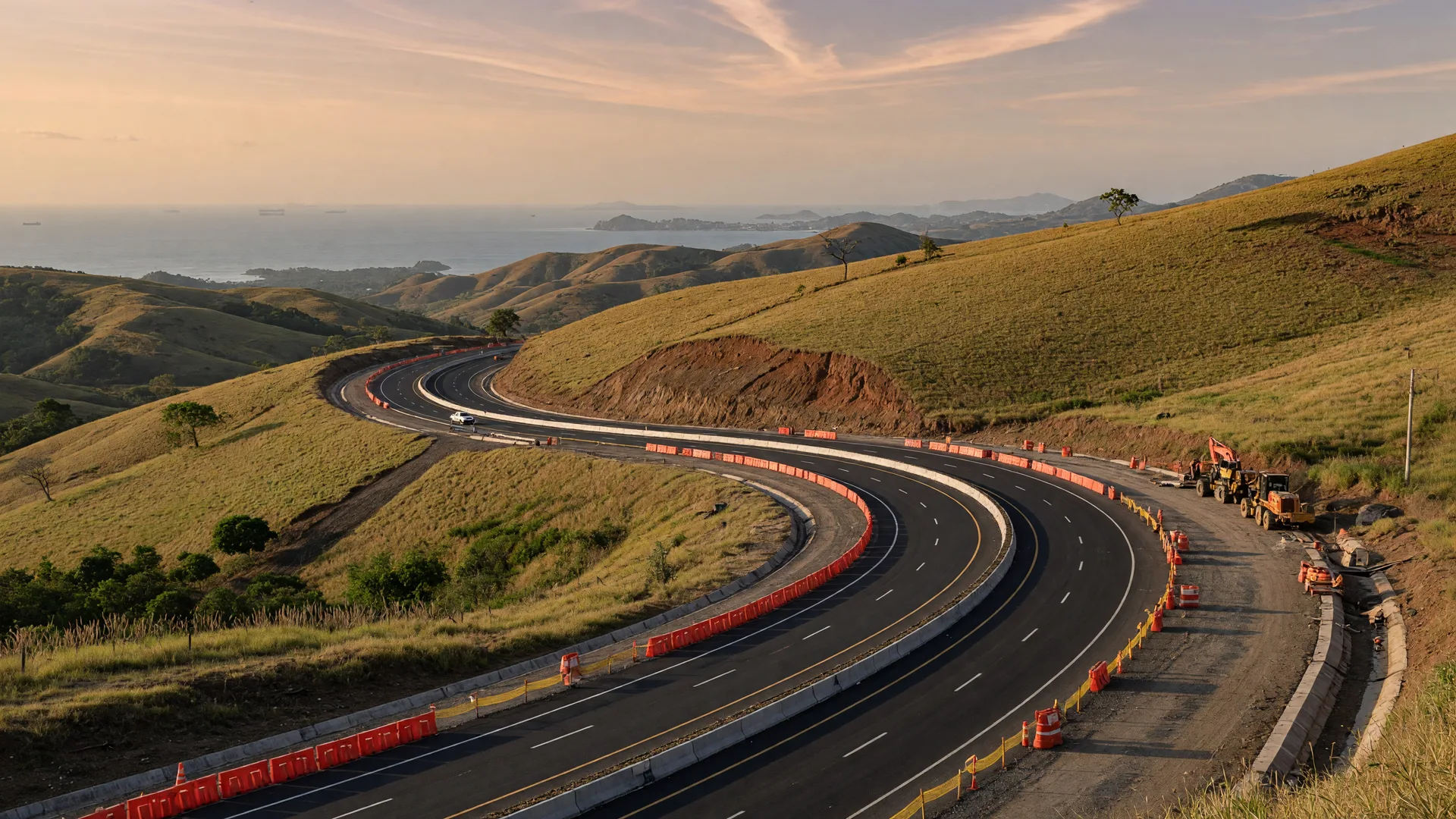 The Pan-American Highway climbing through dry-season hills near Campana toward the Pacific coast, with highway widening construction underway