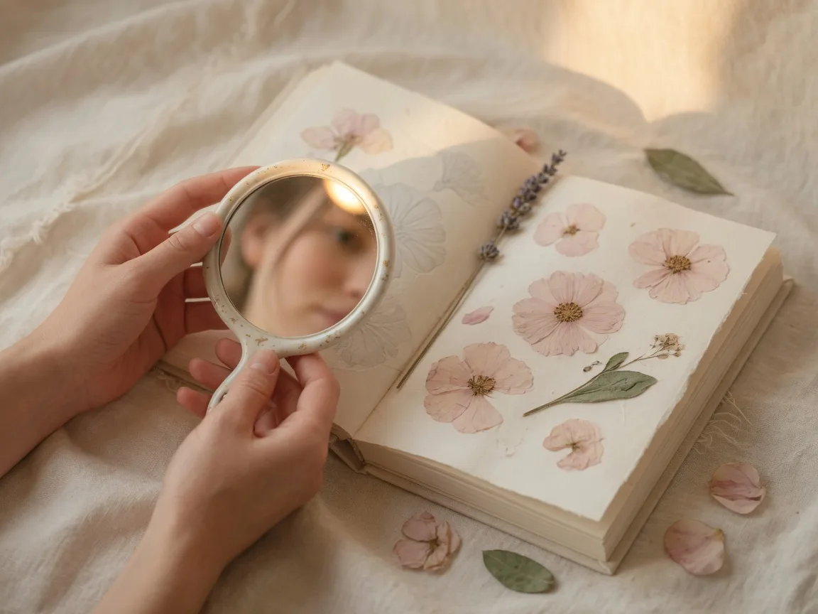 Gentle hands holding a hand mirror beside an open journal with pressed flowers