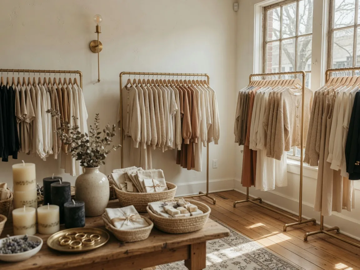 The curated interior of an upscale small-town boutique with clothing racks and artisan gifts