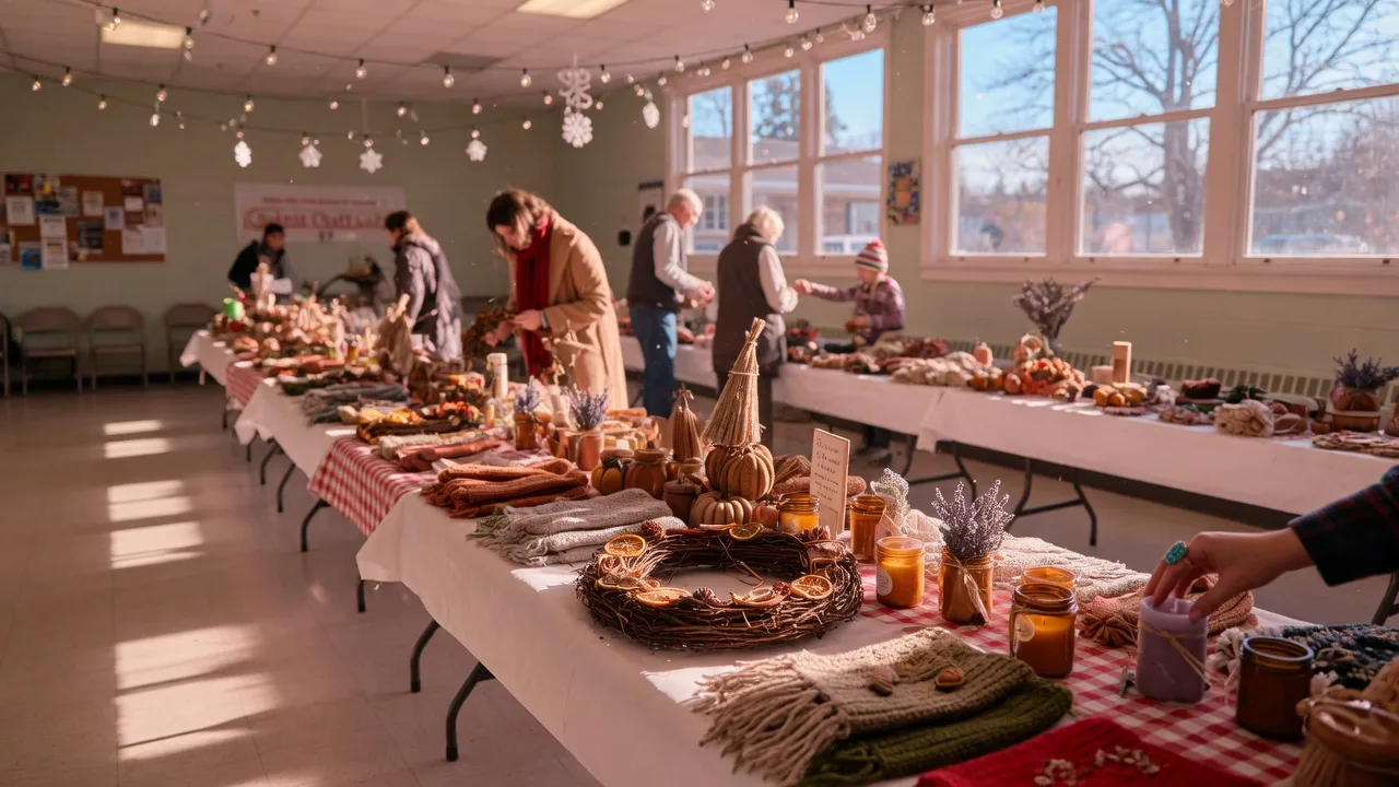 Handmade wreaths, knitted goods, and fall decor on vendor tables inside a bright community center craft show
