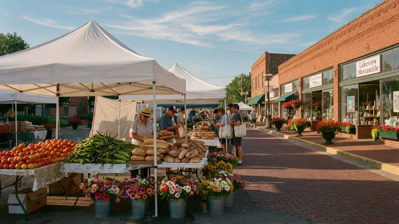 Farmers market tables with produce and flowers on a summer morning in Nisswa, Minnesota