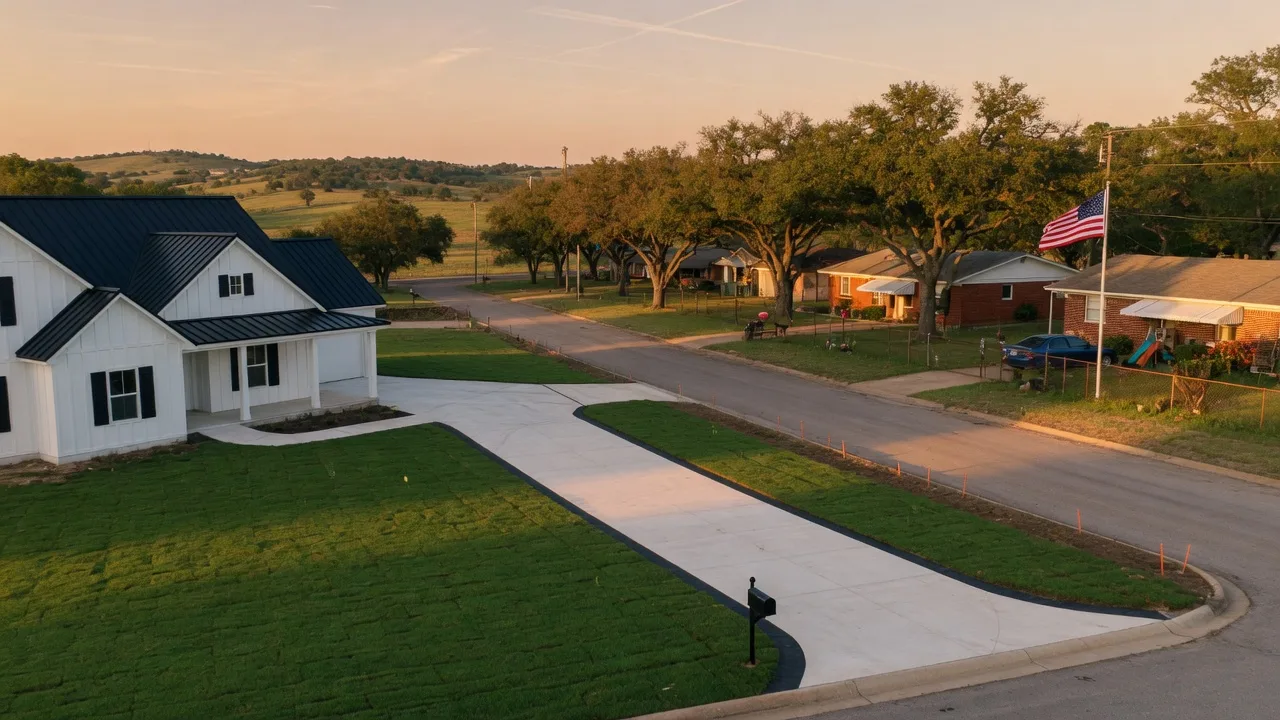 A wide-angle view of Northeast Texas at golden hour contrasting a new modern farmhouse construction with established homes and mature oak trees in the background