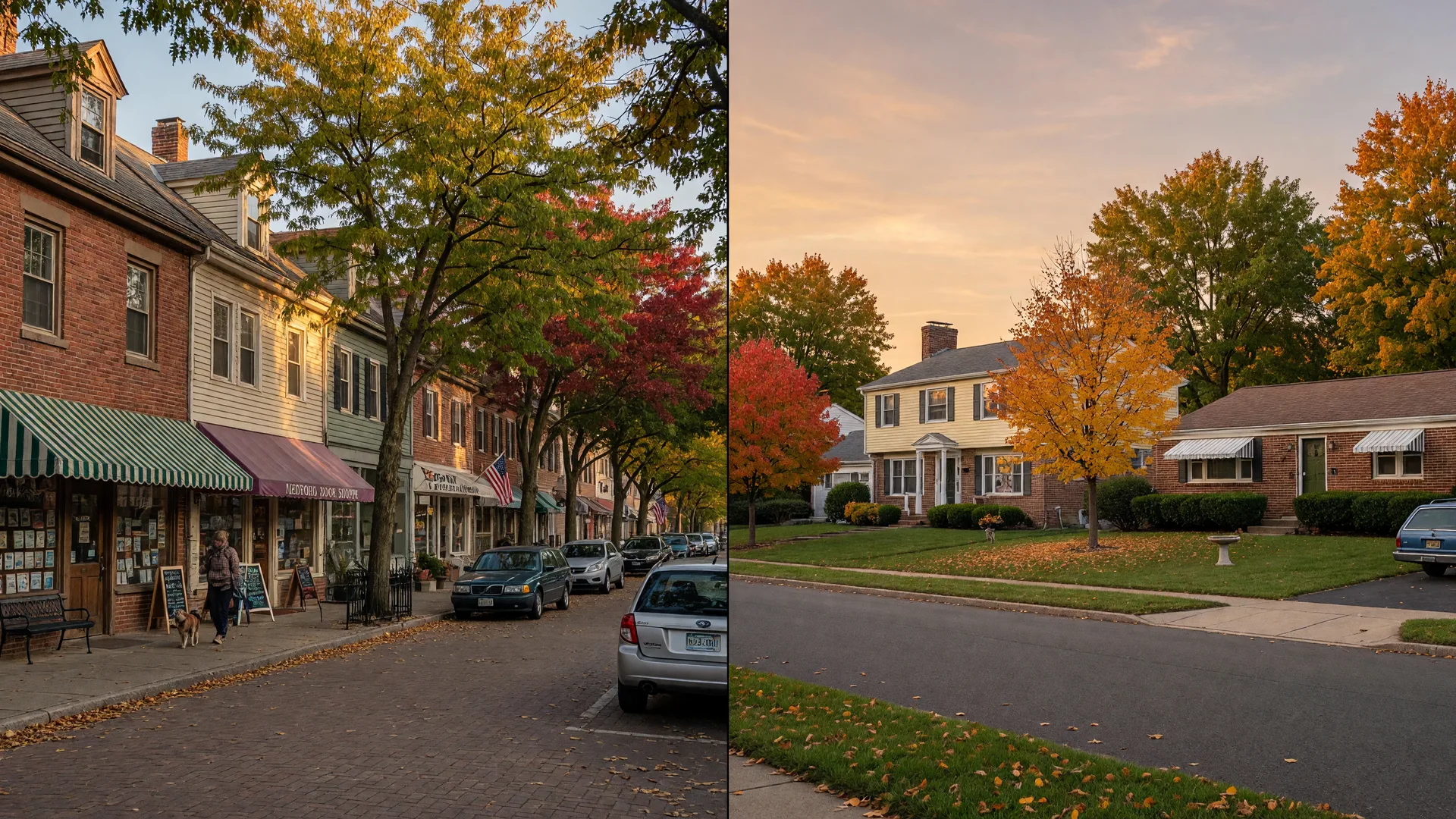 Split-screen comparison of the historic brick and clapboard main street of Medford Village and a tree-lined mid-century residential street in Cherry Hill