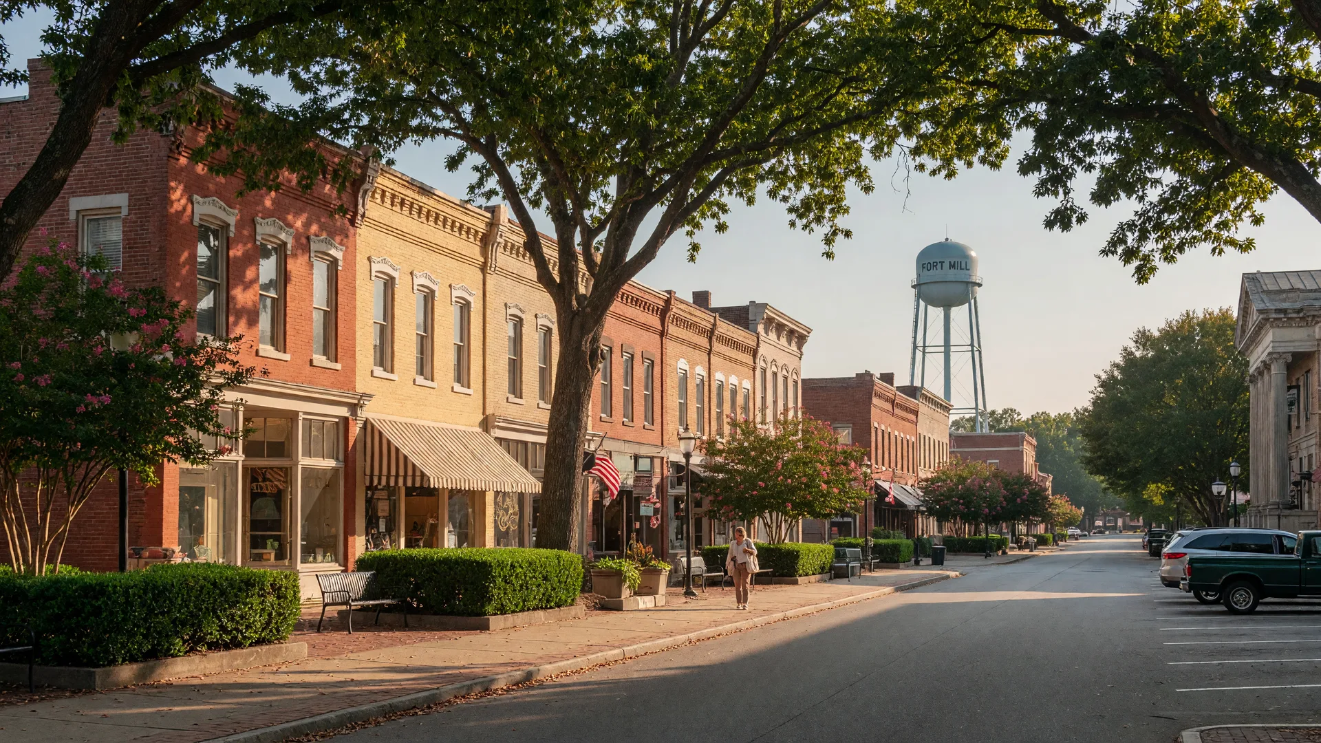 Fort Mill SC main street with preserved brick buildings and a distant water tower on a clear afternoon