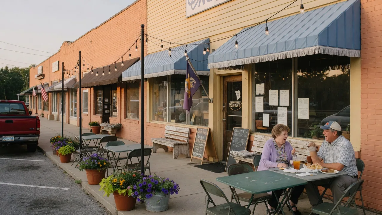 Welcoming storefront of Silver Fox Grill in Irmo, SC with outdoor seating, string lights, and warm golden-hour light