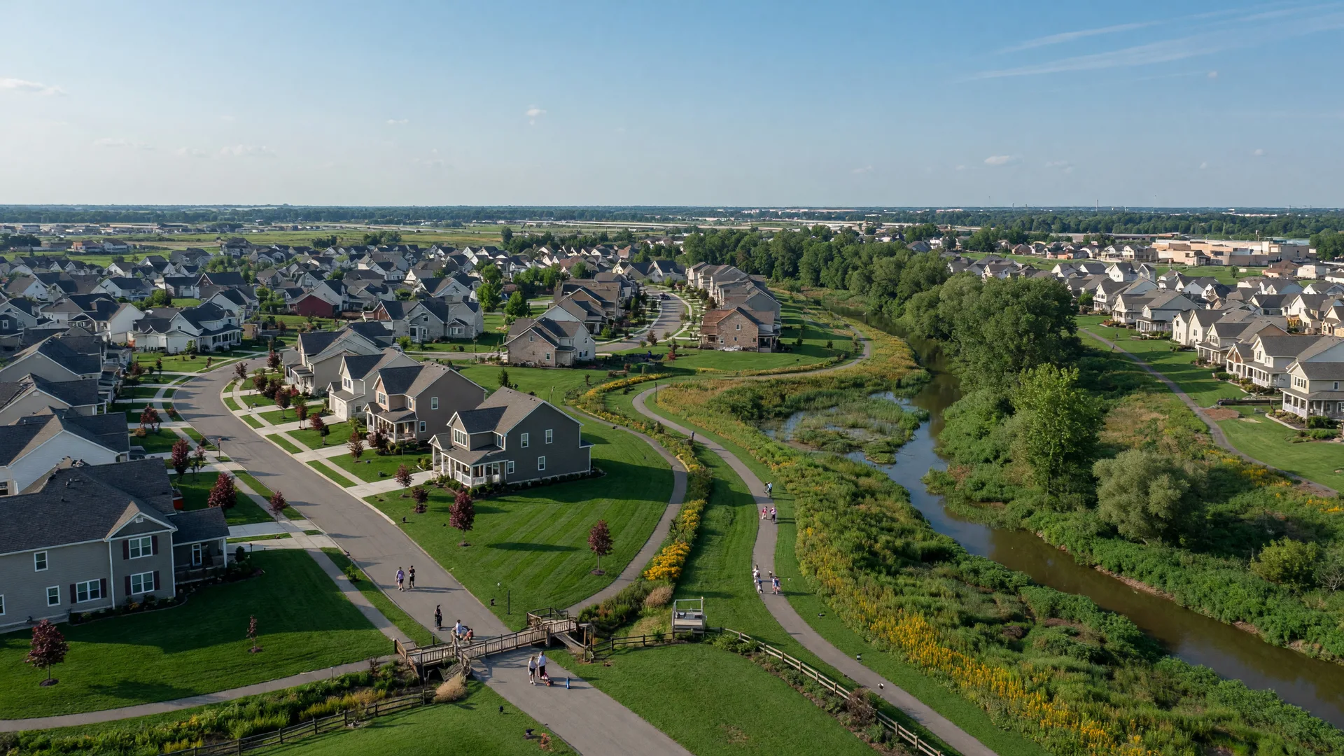Growing Lewis Center Ohio suburban community with craftsman homes, trails, and green space in Orange Township