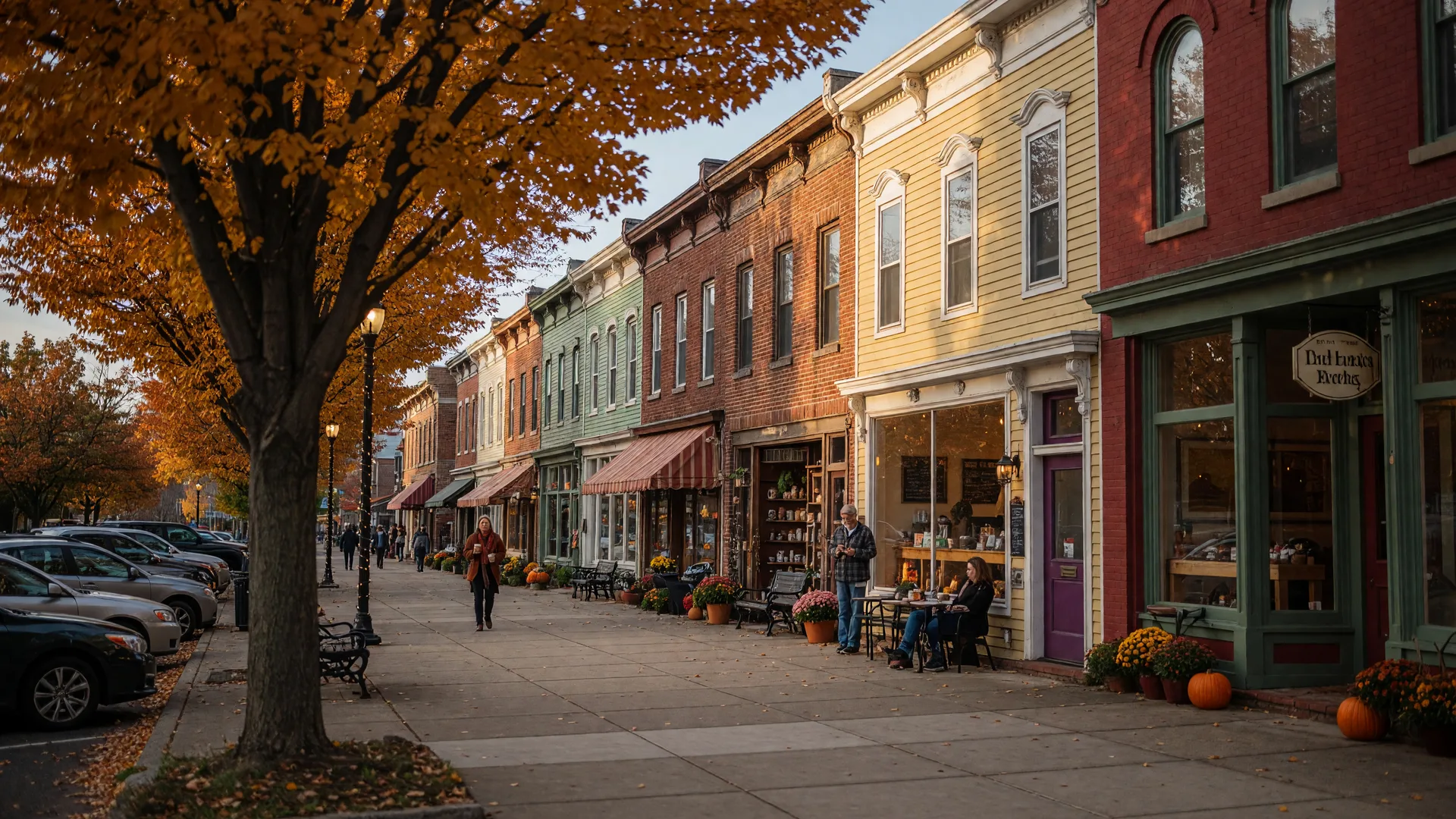 Historic downtown Medford NJ Main Street with charming shops, a coffee house, and autumn trees