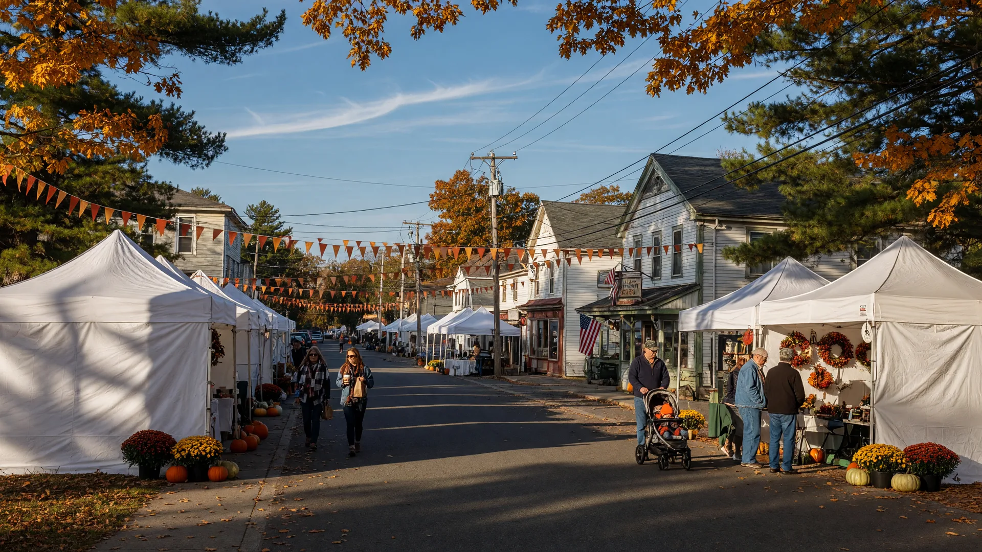 A small Pine Barrens town main street lined with white craft tents, fall bunting, pumpkins and mums on a bright mid-October Saturday morning