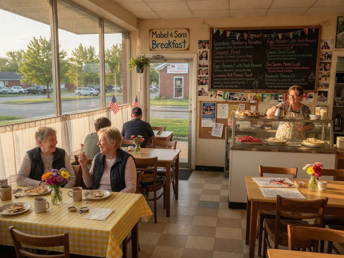 The bright and welcoming storefront of Meadowlark Restaurant in Kettering Ohio with large windows, warm morning light, and a friendly neighborhood atmosphere