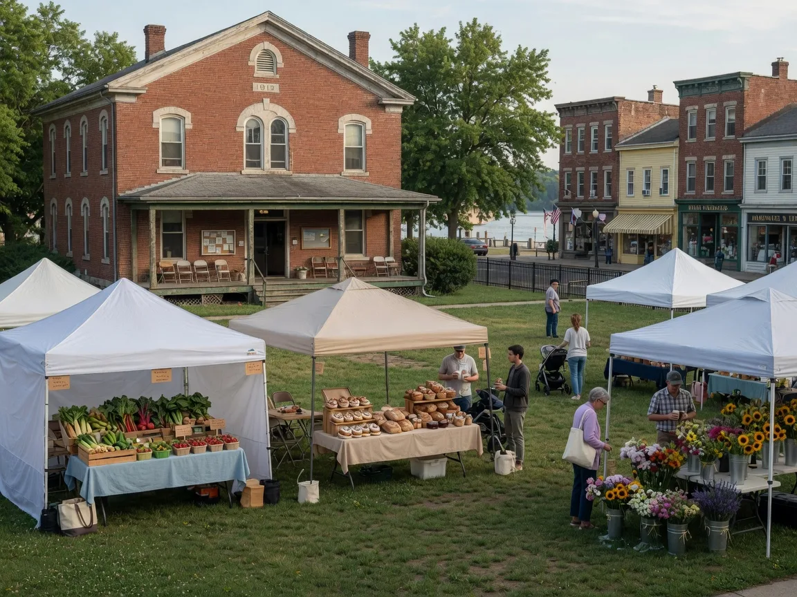 A Sunday farmers market with vendor tents on the lawn of a historic brick community center in a small New Jersey river town