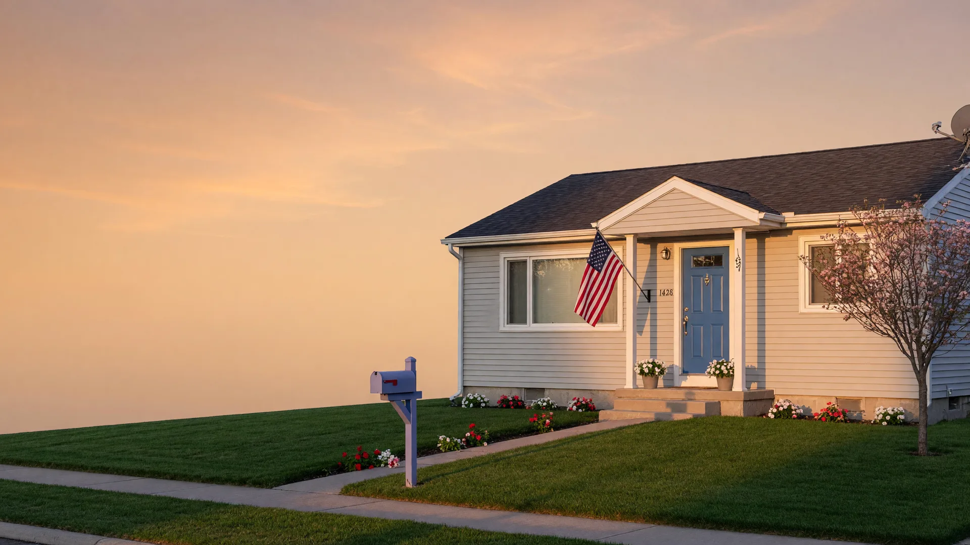 A modest modern American single-family home at golden hour with a small American flag by the door