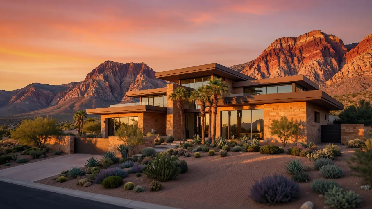 Modern desert luxury home in Summerlin at golden hour with Red Rock Canyon backdrop