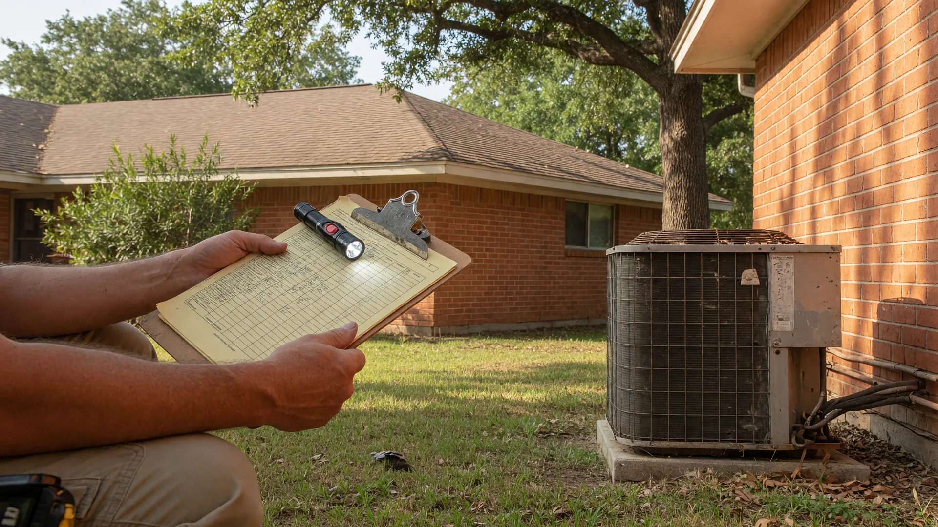 A home inspector's hands with a clipboard and flashlight beside an outdoor HVAC condenser at a brick ranch house in San Antonio, the four systems a 4-point inspection Texas insurers ask for