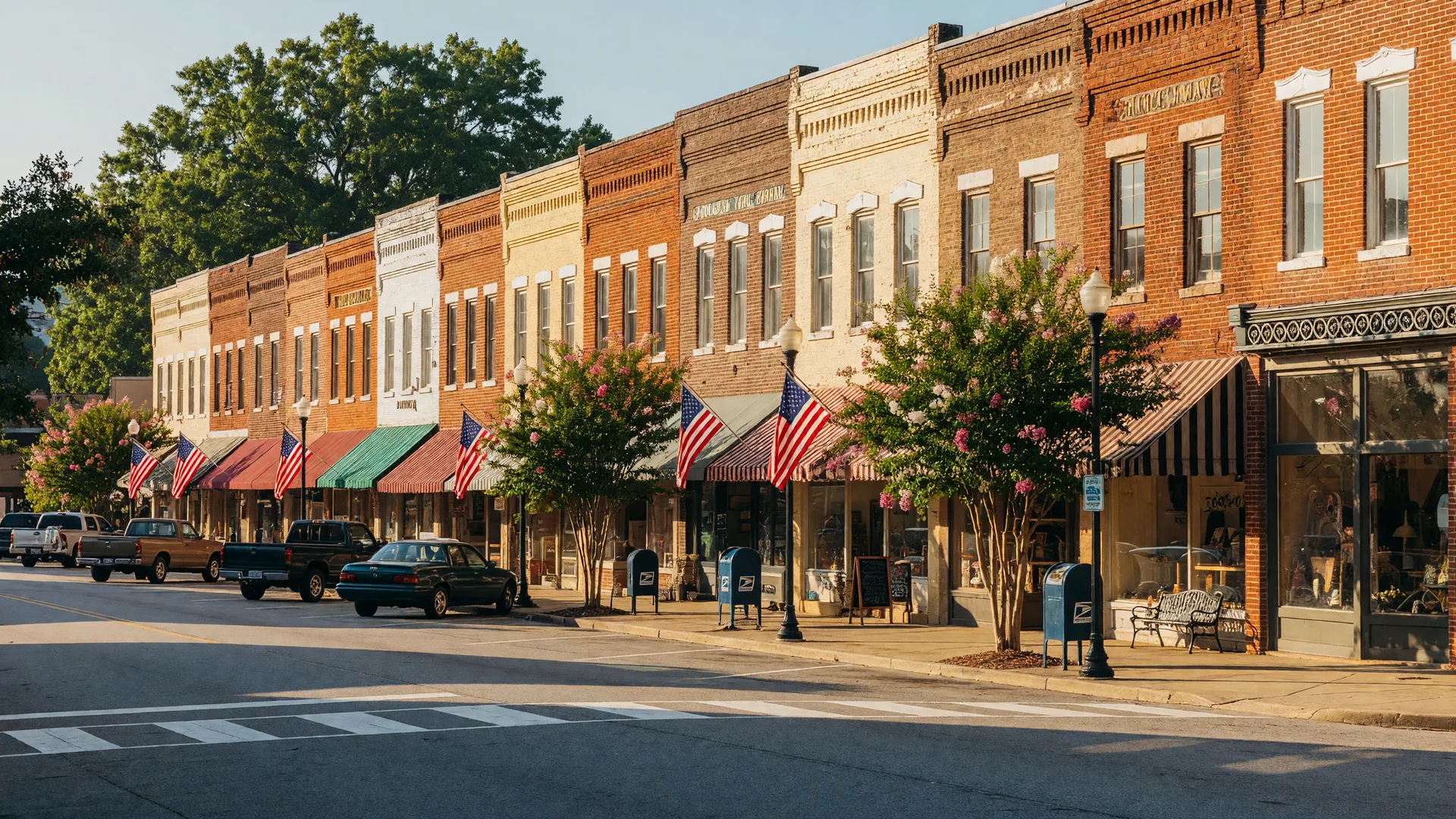 Historic Main Street in Hartwell, Georgia with brick storefronts, awnings, and American flags on a summer morning