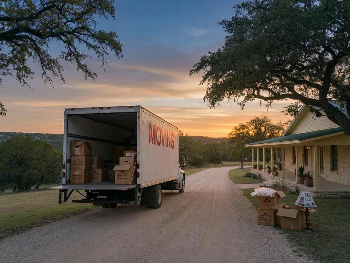 A moving truck parked on the long driveway of a Texas Hill Country home at golden hour, with boxes on the porch steps and live oaks overhead