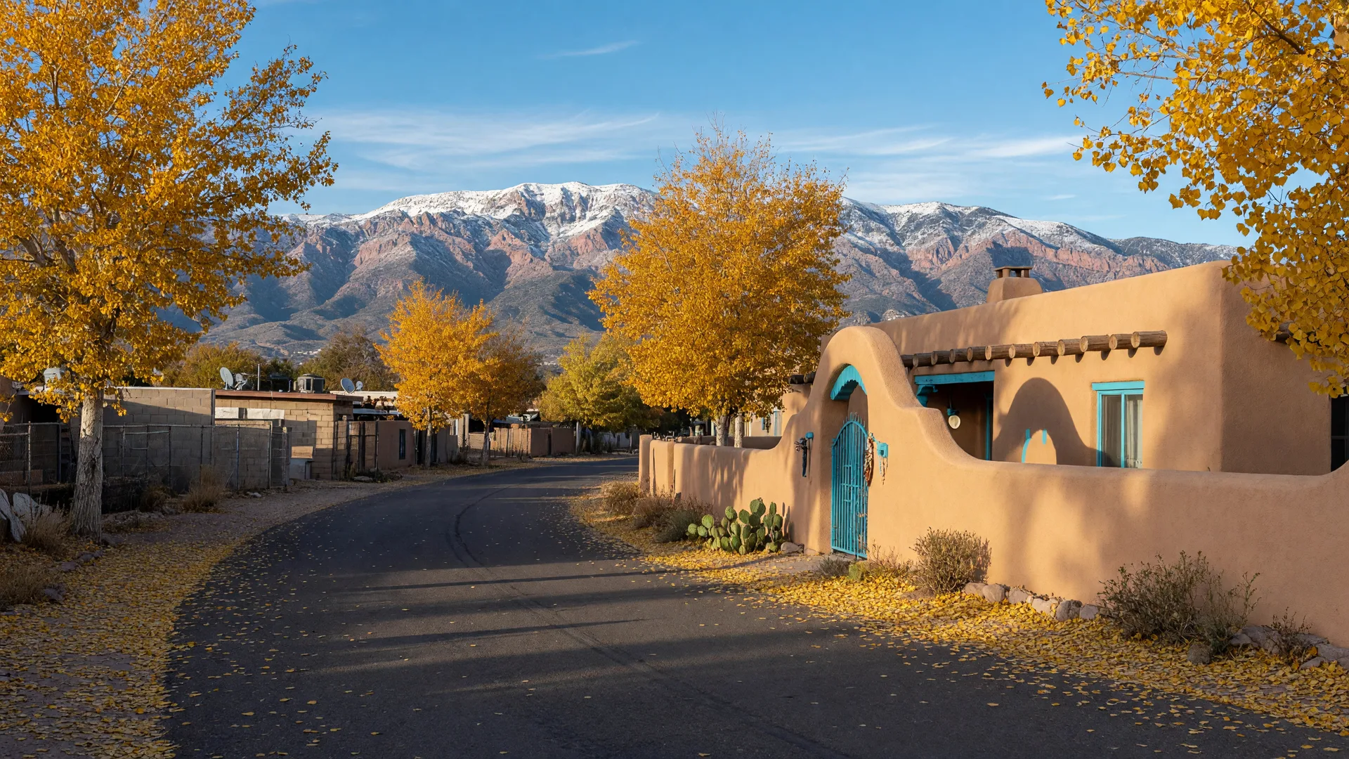 Golden cottonwoods lining a quiet Albuquerque street in late October, warm autumn light on a curved stucco adobe-style home with vigas and desert landscaping, and snow-dusted Sandia Mountains rising behind under a clear blue sky