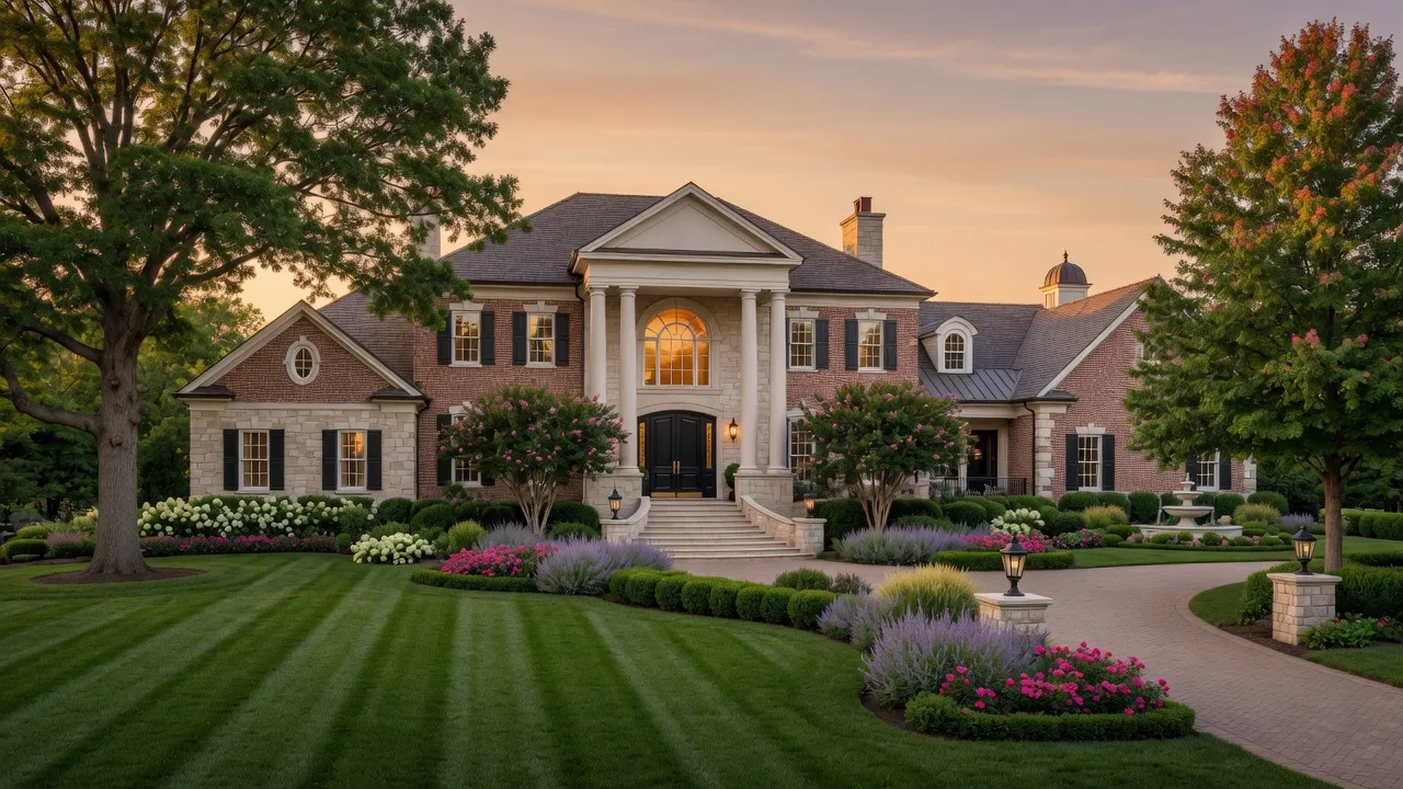 Stunning luxury estate home in Johnson County Kansas with manicured landscaping and warm golden-hour light
