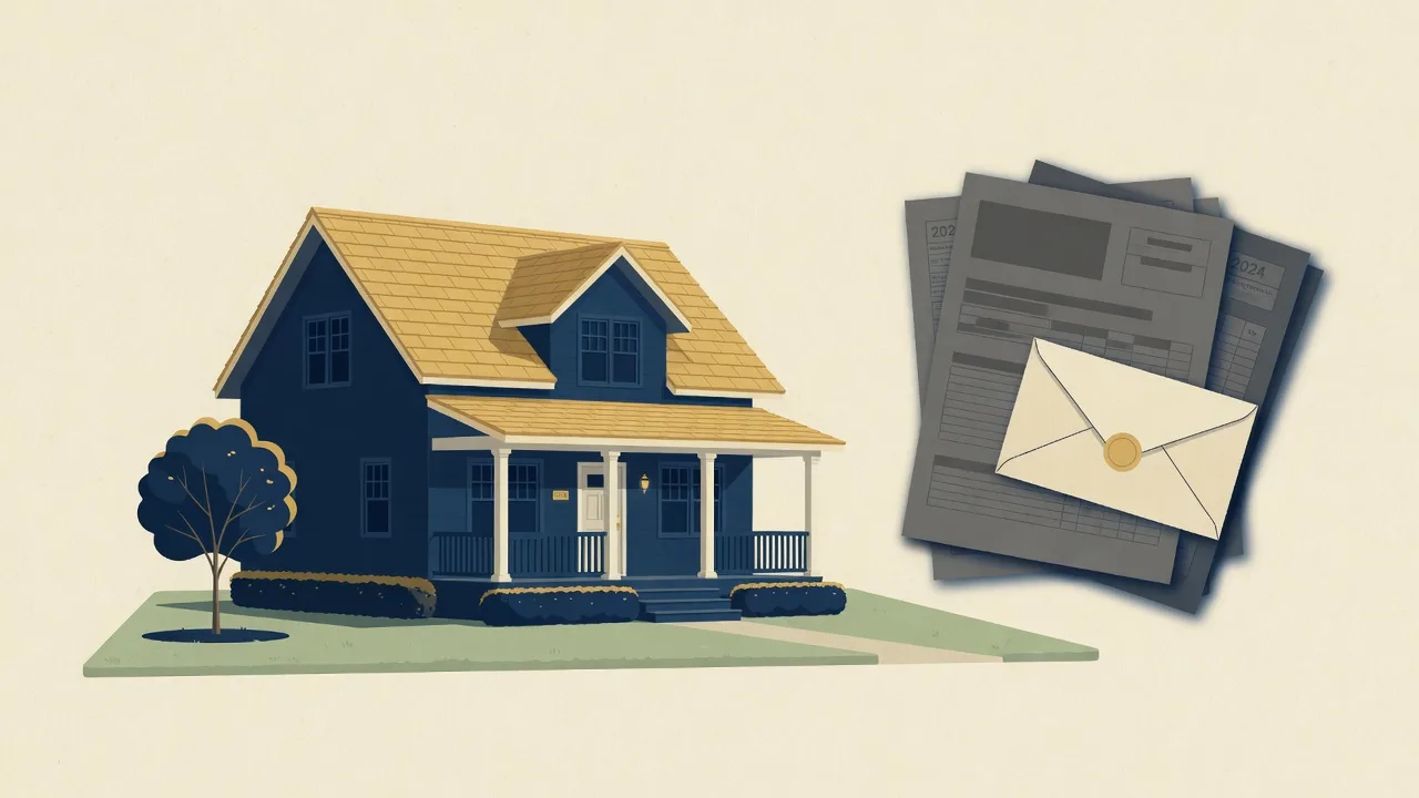 Editorial illustration of a New Jersey home beside a stack of property tax documents and an envelope