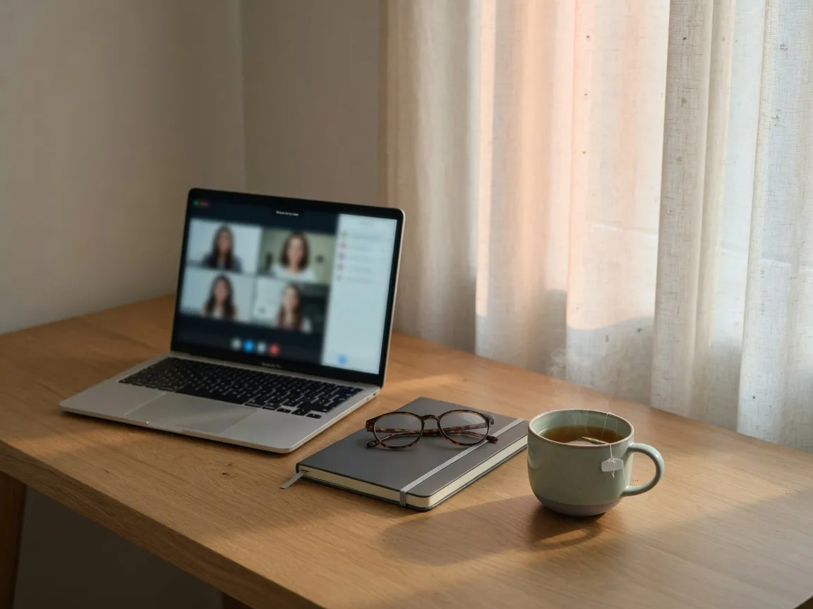 A tidy desk with an open laptop, notebook, and ceramic mug set up for a telehealth video visit in soft morning light