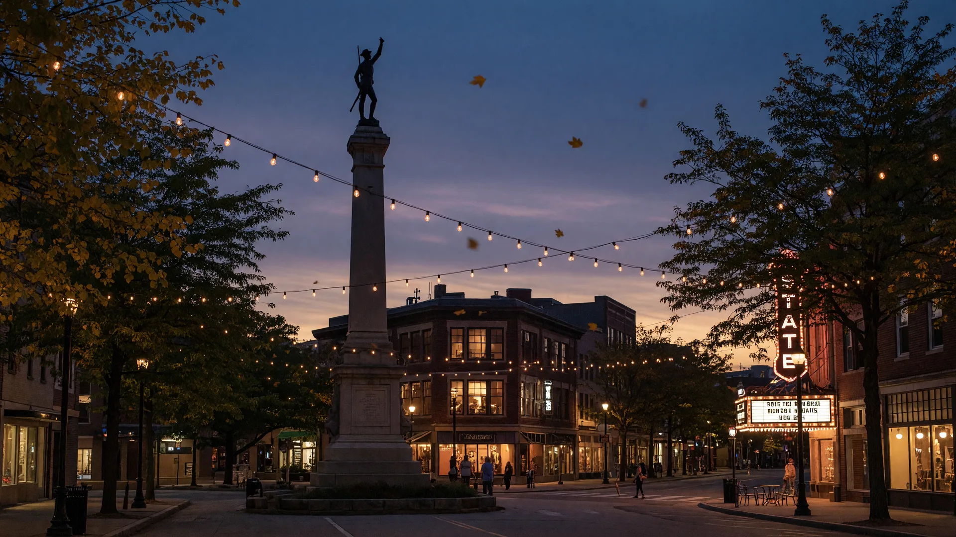 Downtown Easton's Centre Square at dusk in September, the monument at the center of the circle, warm lights glowing between brick storefronts, and autumn trees just beginning to turn