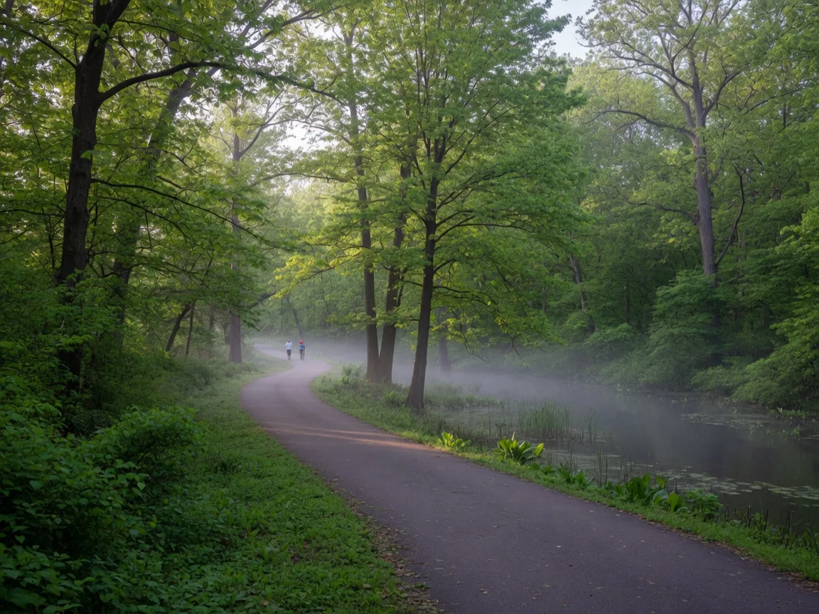 A wooded trail in Pennypack Park running beside slow-moving creek water near the Poquessing Creek section of Northeast Philadelphia