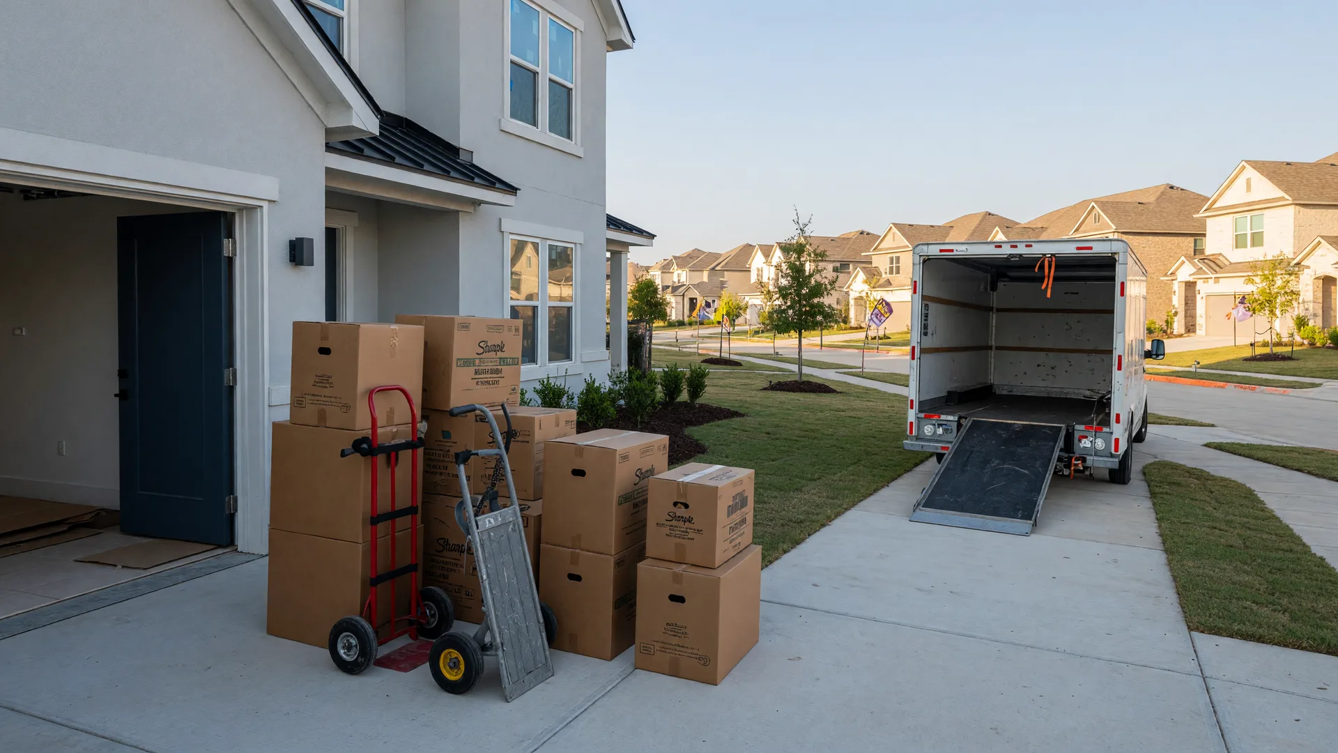 A wide editorial photograph of a North Texas suburban community at golden hour