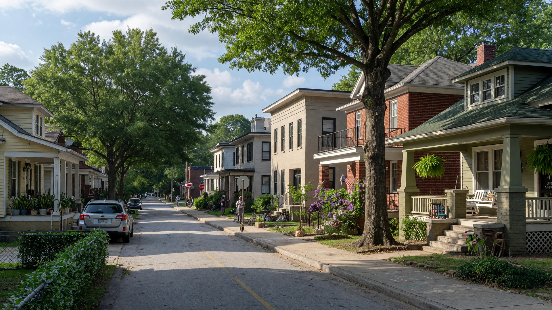 An intown Atlanta historic street between Decatur and East Atlanta lined with craftsman bungalows and mature oak trees in soft morning light