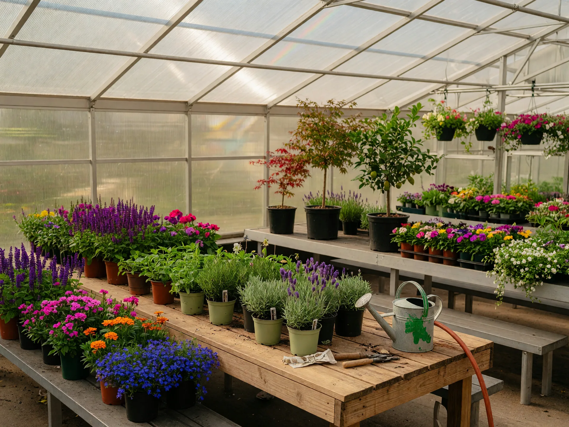 Inside Rehm's Nursery greenhouse in Albuquerque showing rows of potted perennials, flowers, herbs, and young trees on sunlit wooden benches