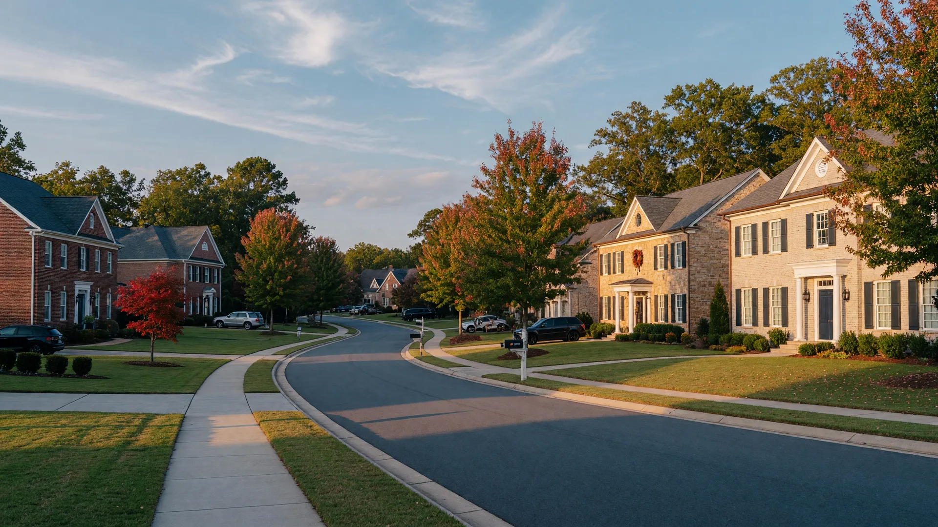 Tree-lined residential street in Johns Creek Georgia with upscale brick and stone homes at golden hour
