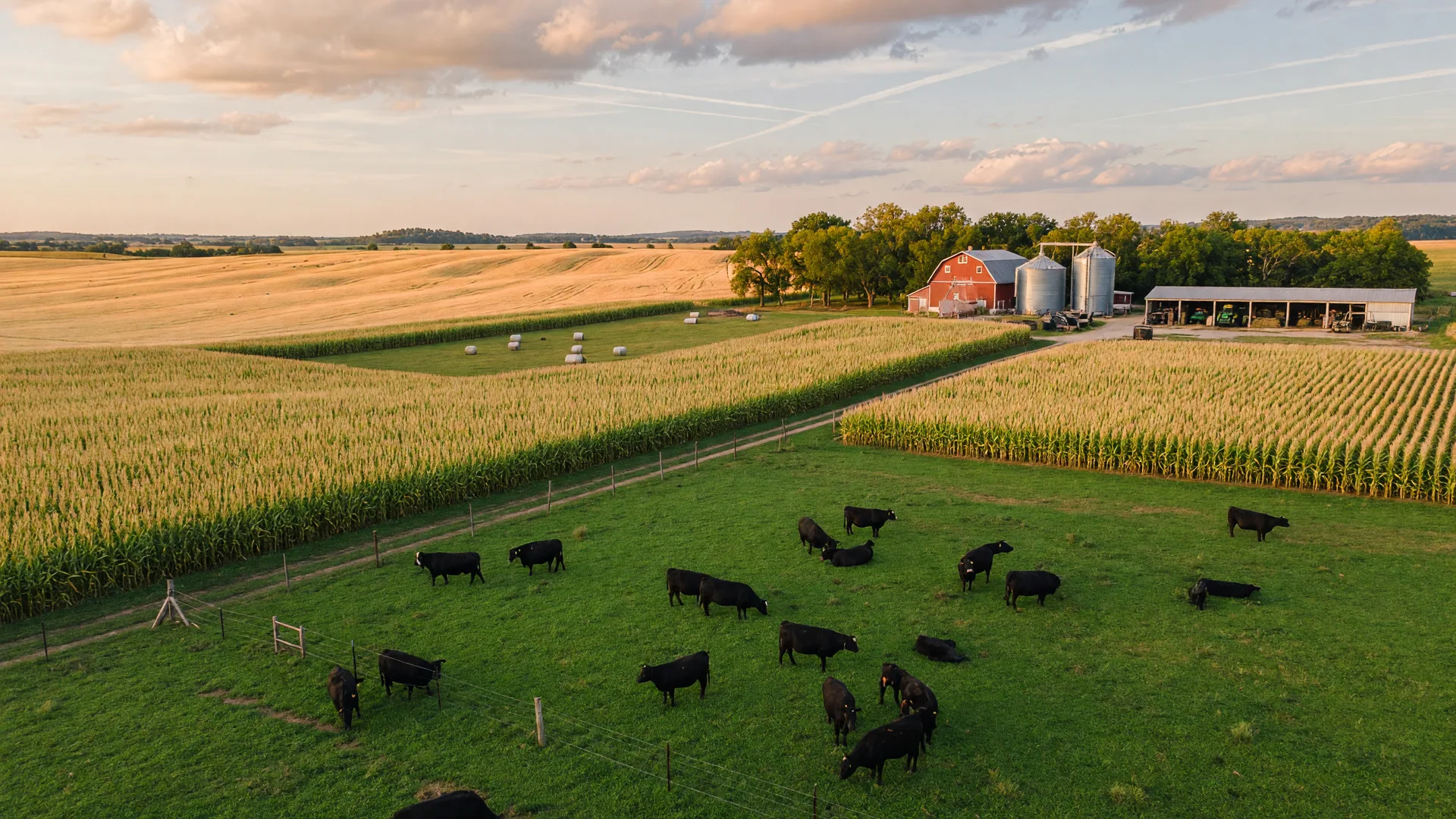 Aerial-style panoramic view of a diversified Wisconsin farm with cattle pasture, cornfields, and wheat ground in late summer golden light
