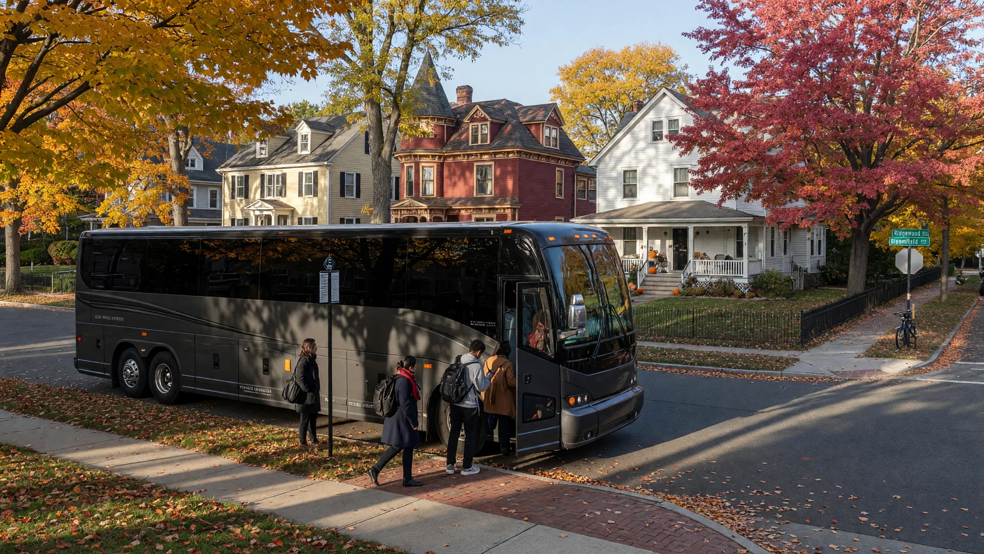 A charcoal-gray private commuter coach bus boarding passengers at a leafy Glen Ridge street corner on an October morning, with historic homes and turning maples behind it
