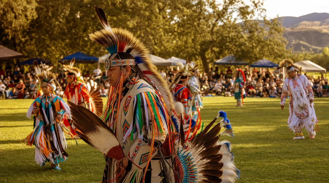 Native American pow wow dancers in traditional regalia at William S. Hart Park in Santa Clarita