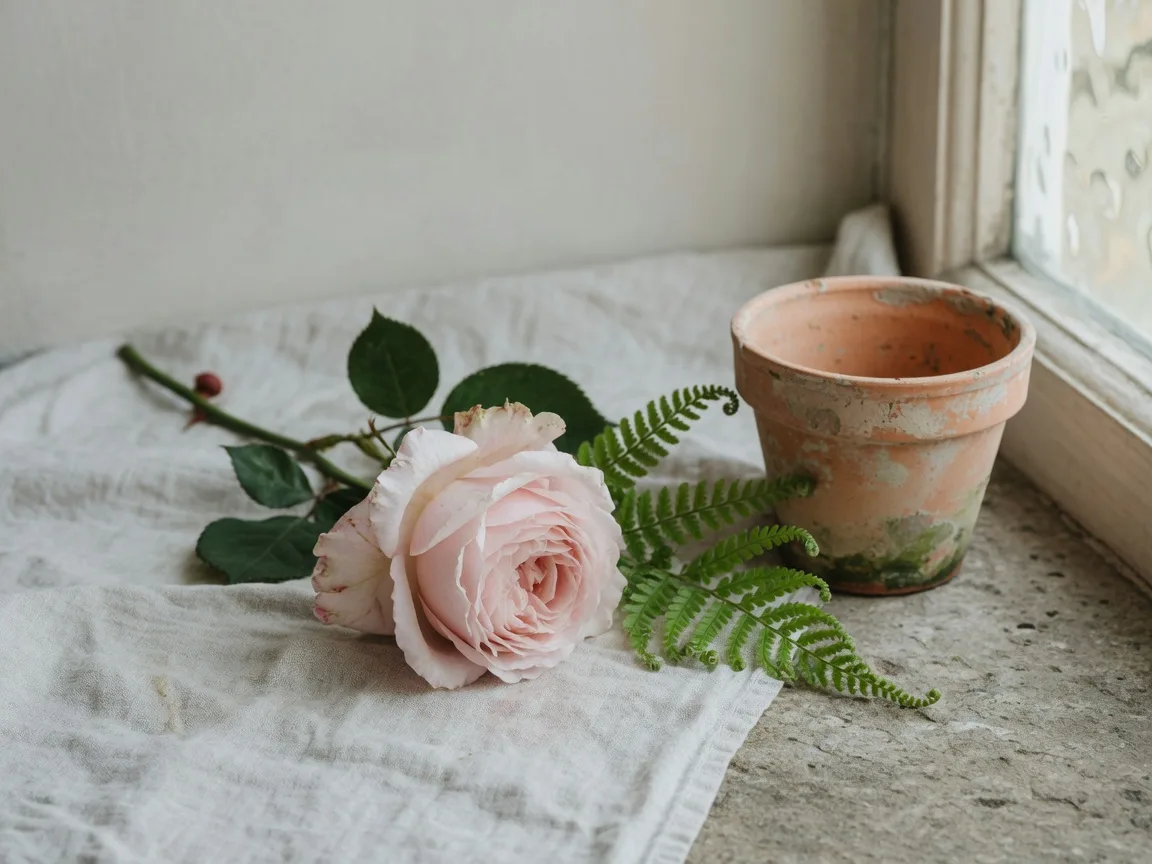 A still life of a rose stem and fern on pale linen beside a terracotta pot