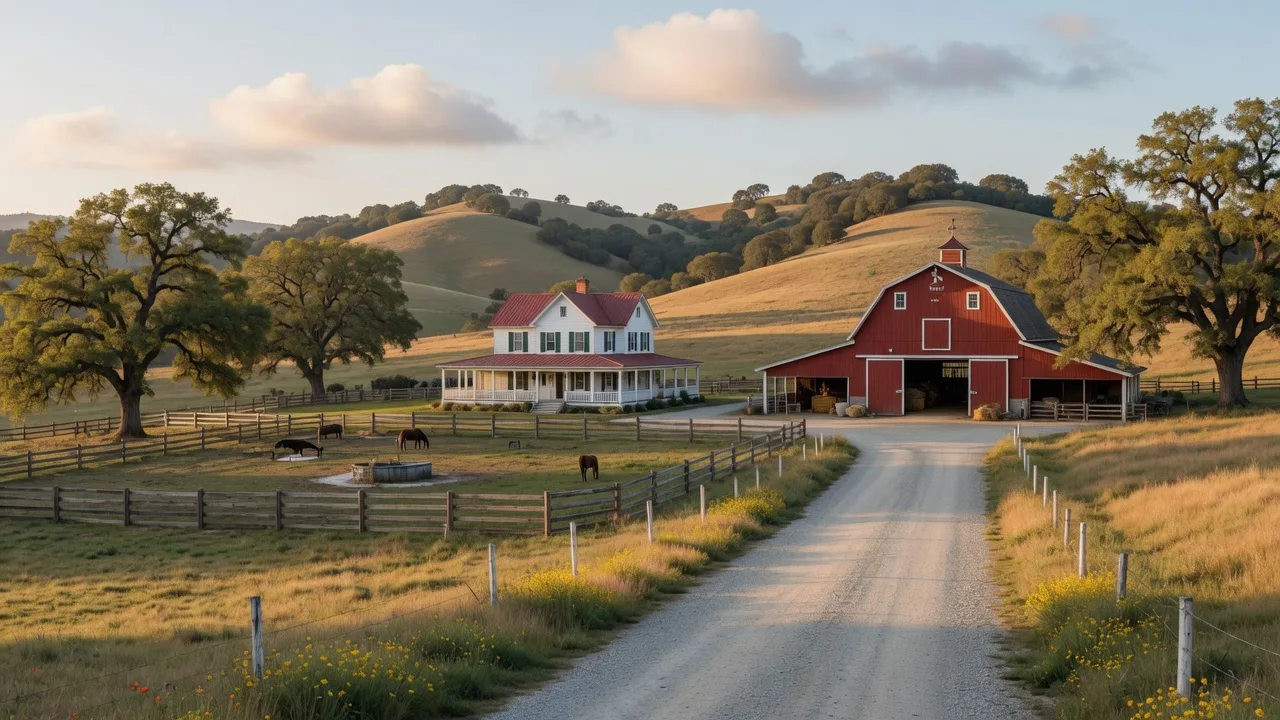 Expansive rural acreage property in Northern California with a farmhouse, red barn, and rolling golden hills under a morning sky