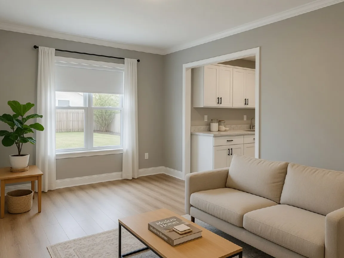 A freshly renovated rental-ready living room with neutral walls, oak flooring, and a beige sofa in a New Jersey suburban home