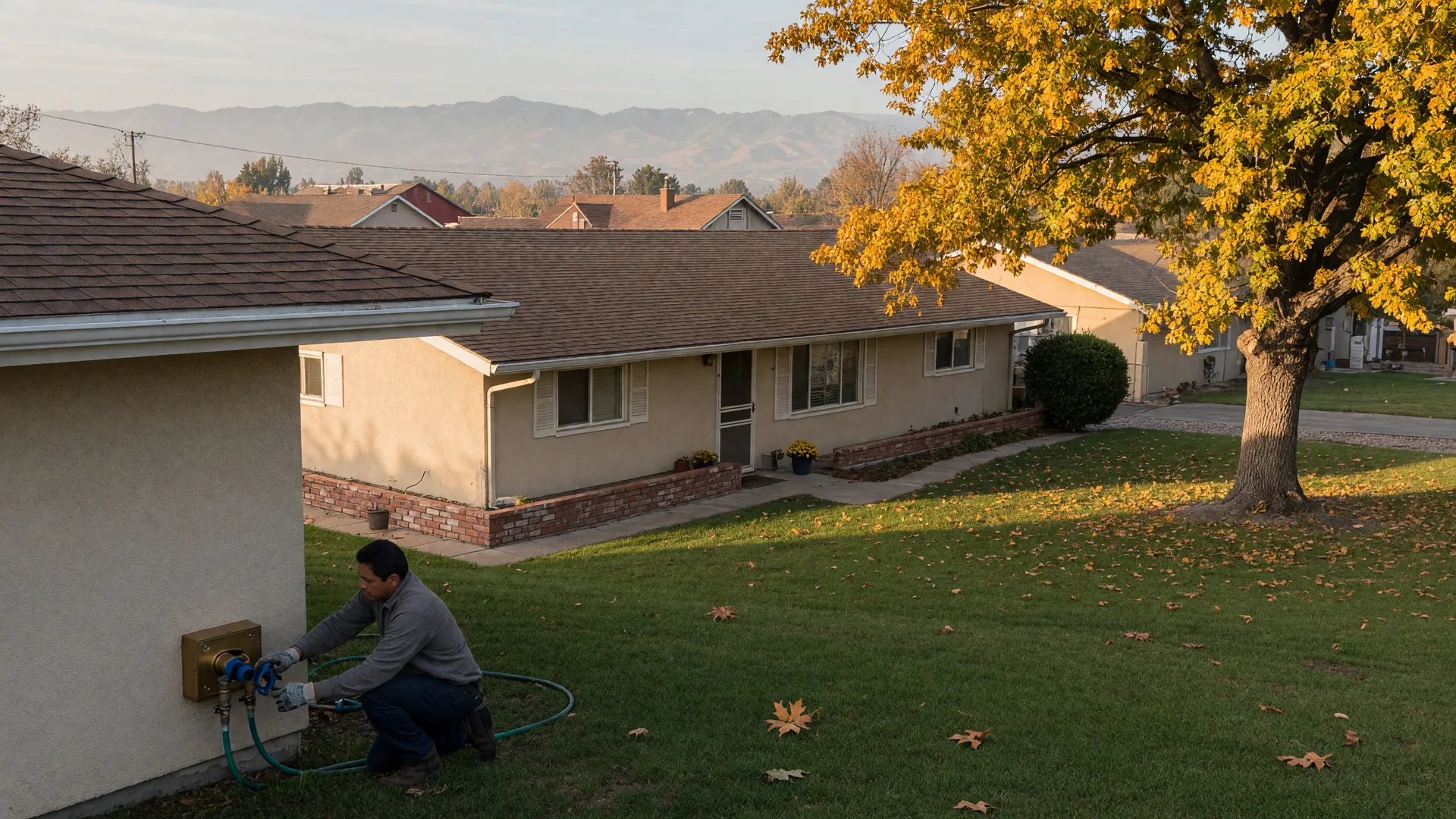 A well-kept ranch-style home in a Merced County neighborhood on a crisp October morning, a homeowner in work gloves closing an outdoor hose bib shut-off valve near the stucco foundation, golden autumn light, fallen leaves, and the Sierra Nevada foothills on the horizon