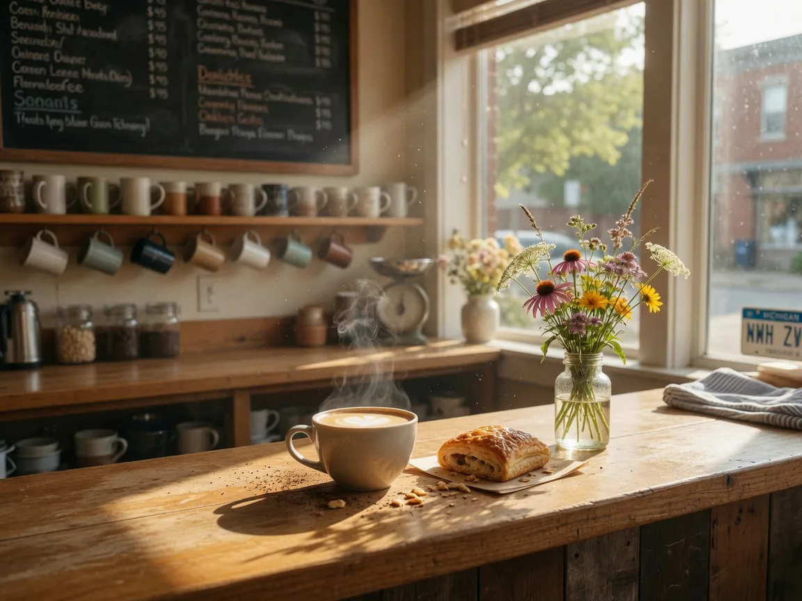 Cozy Michigan coffee shop interior with sunlight streaming through a front window onto a wooden counter with a latte, pastry, and flowers