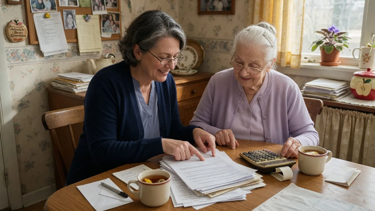 An adult daughter and her older mother sitting together at a sunlit kitchen table reviewing financial papers, calm and relaxed over tea