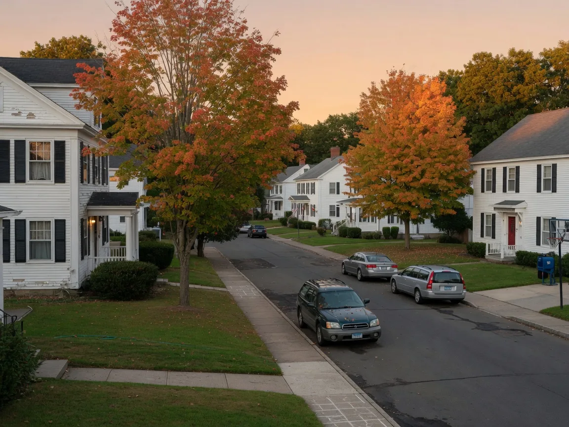 Quiet residential street in a Connecticut town at golden hour