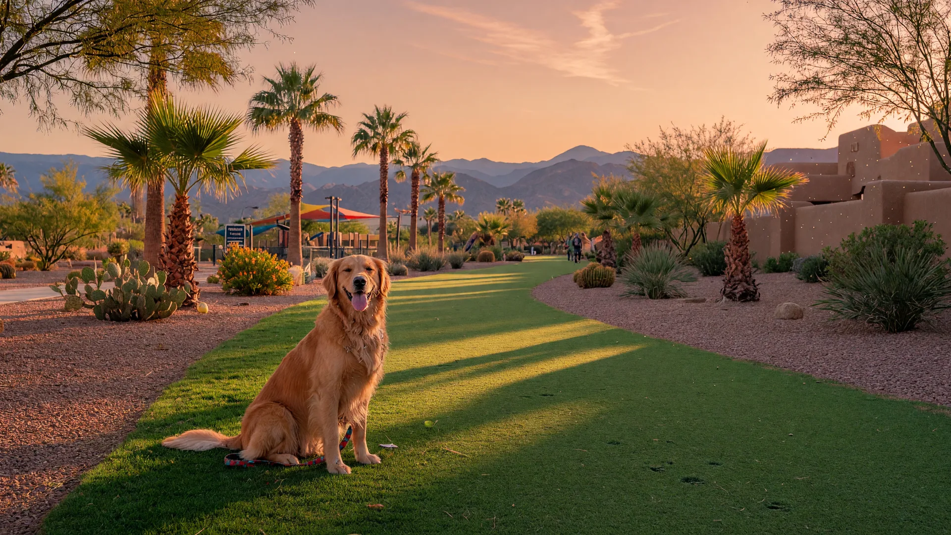 Golden retriever sitting on a green trail in a Southwest Las Vegas park with palm trees and Spring Mountains at golden hour